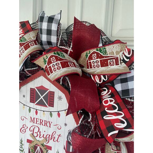 Merry & Bright Barn Christmas Wreath • Red Truck Farmhouse Holiday Door Decor - Picture 2 of 7